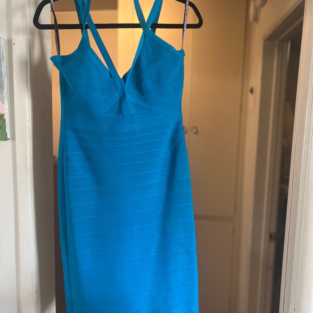 Herve Leger Seafoam Blue Size L CrissCross dress. Worn once & Perfect condition